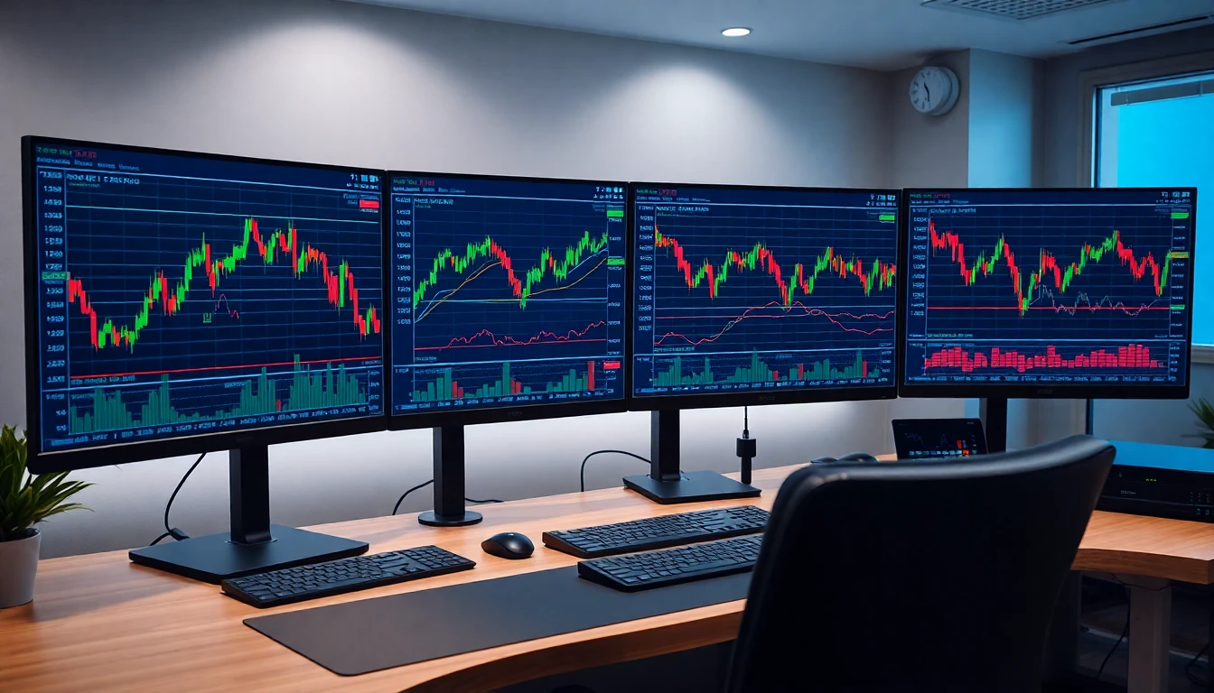 Professionelles Trading-Terminal mit mehreren Monitoren, die Aktienkurse und Charts in Blau und Grün anzeigen.